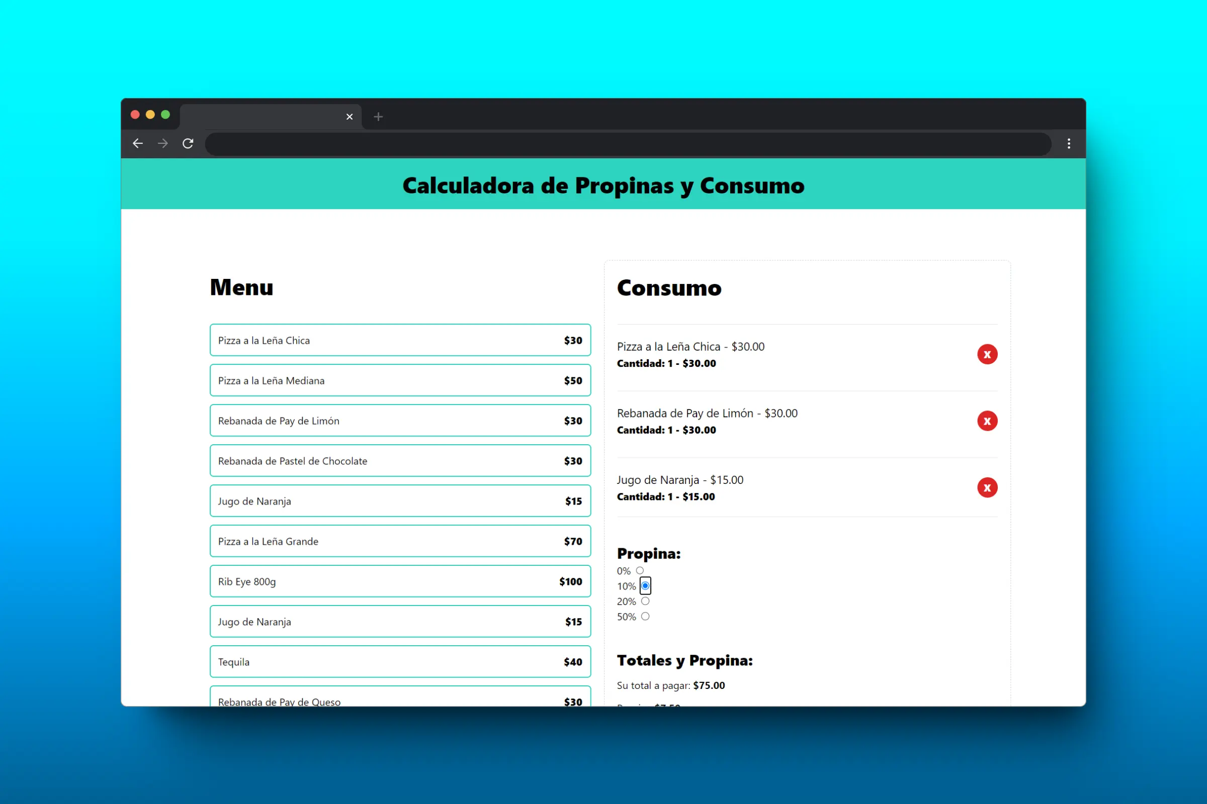 Captura de pantalla del proyecto Calculadora de Propinas y Consumo